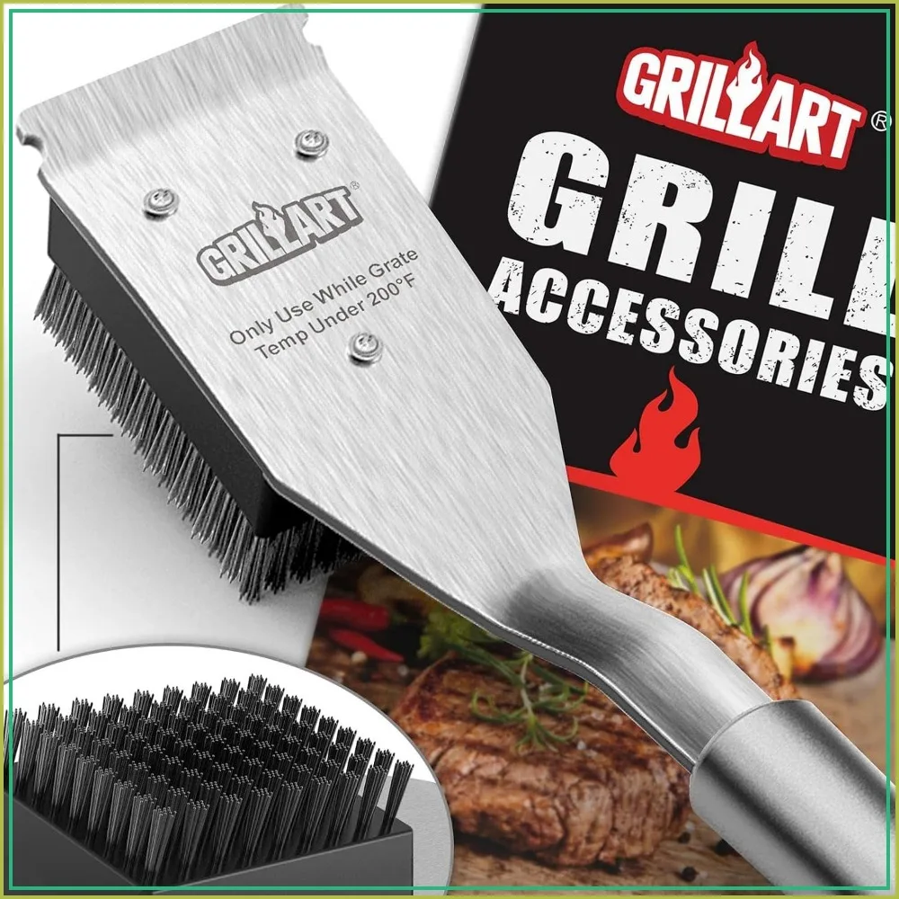 

Wire BBQ Grill Brush with Scraper, 16.5" Stainless Steel, Safe & Easy Clean, Gift for Men