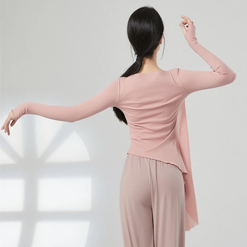 Women Modern Dance Top Long Sleeve Tulle Spliced Shirt Irregular Hem Latin Training Clothes Slim Top Thumb Hole Blouse Dancewear