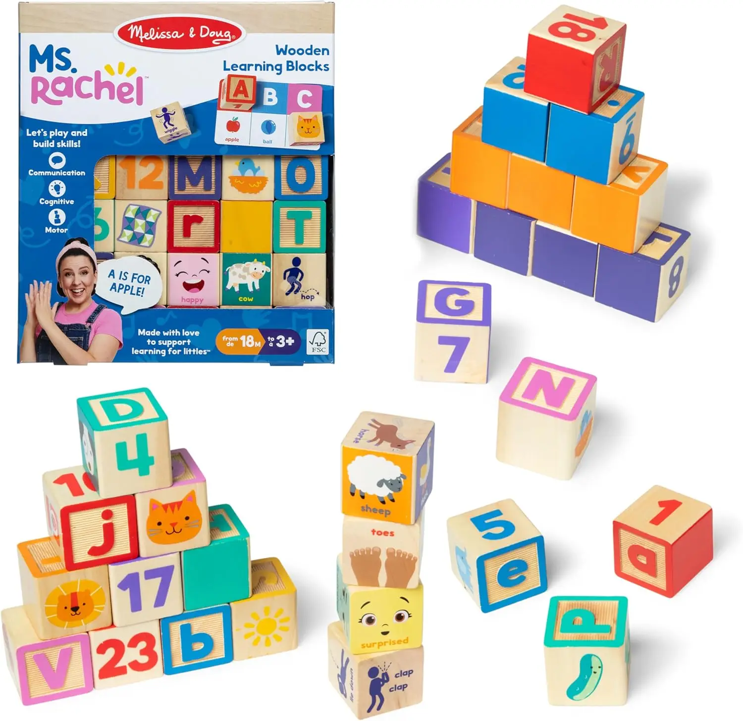 

Educational Wooden Blocks with Activity Cards for Toddlers Ages 18 Months+, FSC Certified