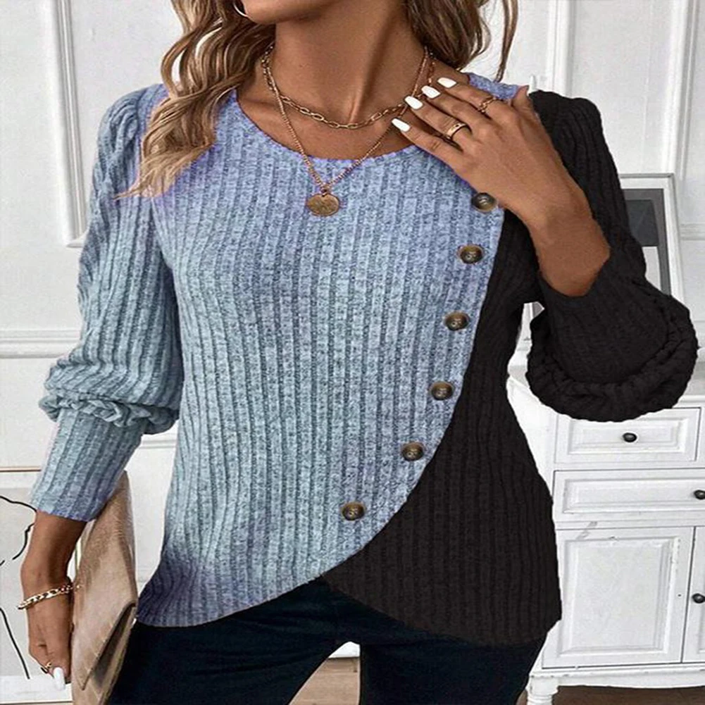 Contrast Color Tops Long Sleeve Pullovers Button Design Casual Wear Knitted Fabric Loose Fit Polyester Material