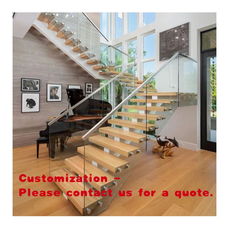 custom.Single Stringer Floating Staircase Residential Indoor Use Solid Wood and Steel Material with Tread Hotels