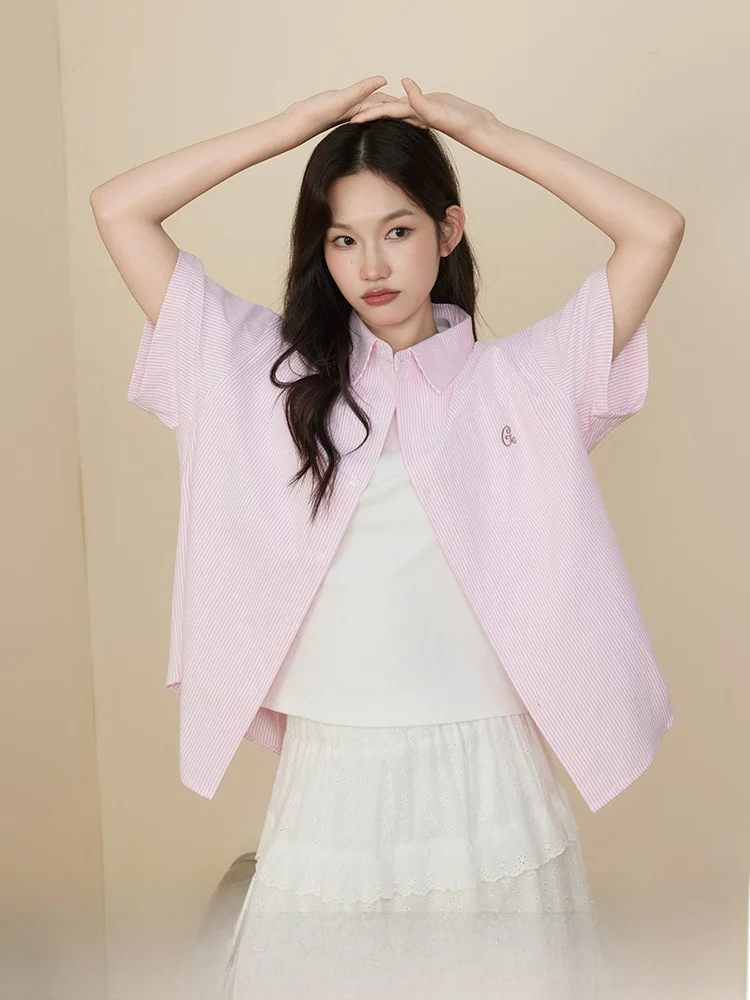 

Loose Casual Striped ort Sve irt Women's Summer Cotton Blend Street Sle Loose Fit Classic Collar Button up