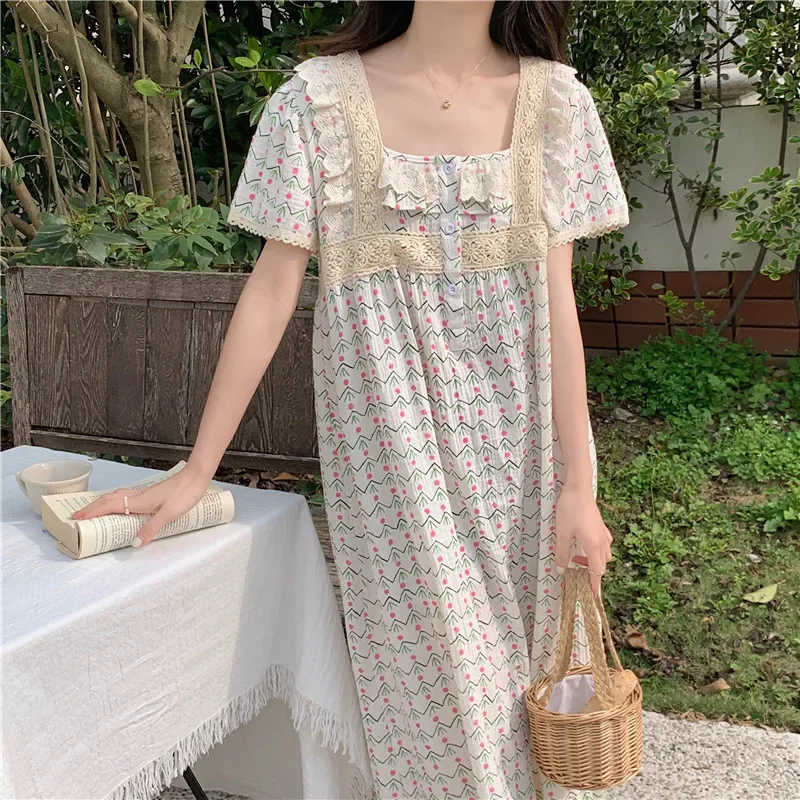 Lace Loose Soft Home Short Sleeve Summer Korean Style NightDress Women Print Kawaii Ethnic style Ins Elegant Casual Sleepwear