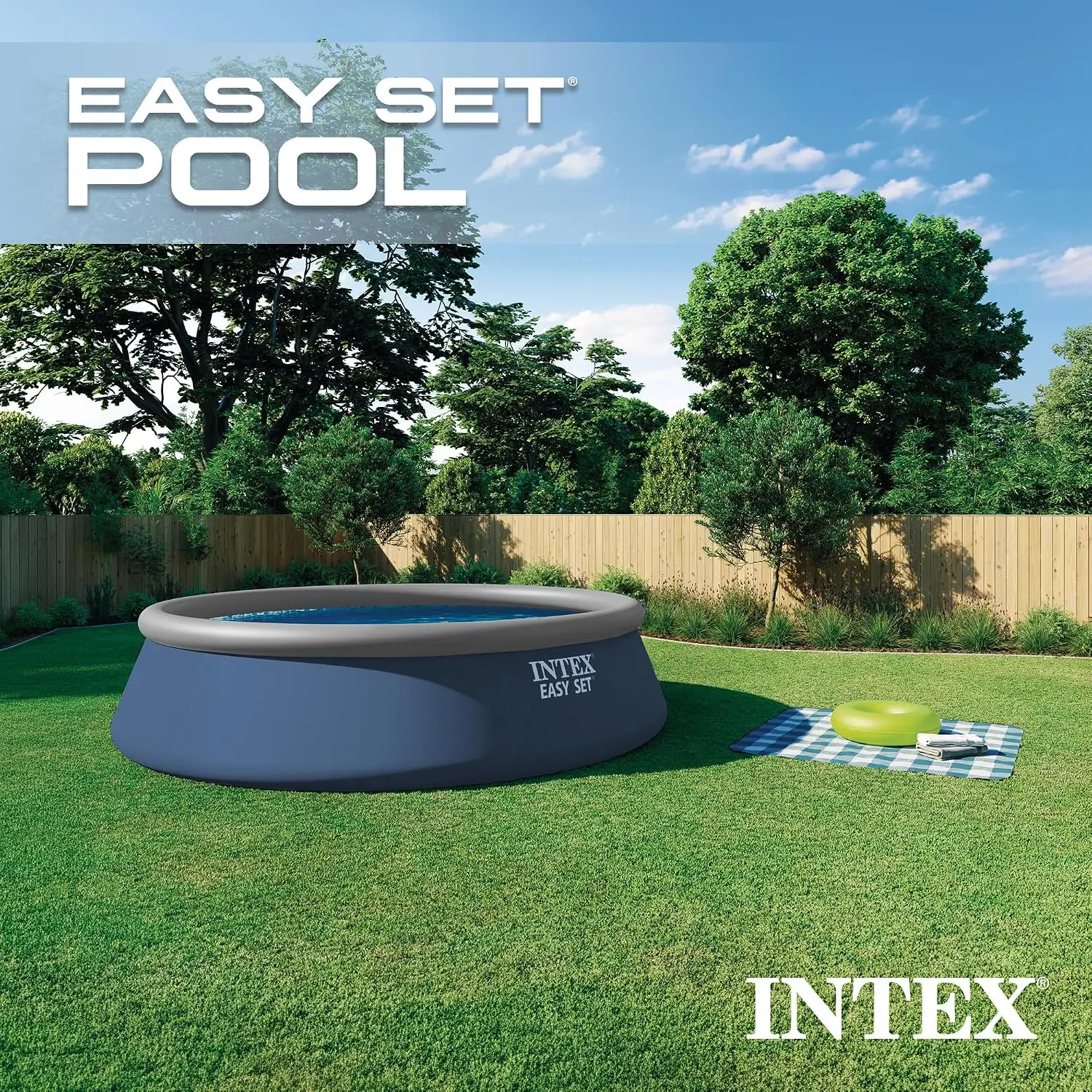 Easy Set 15ft x 42in Inflatable Ring Above Ground Pool Set w/Pump | 26165VM - 1000 GPH Cartridge Filter Pump, Ladder,, Custom