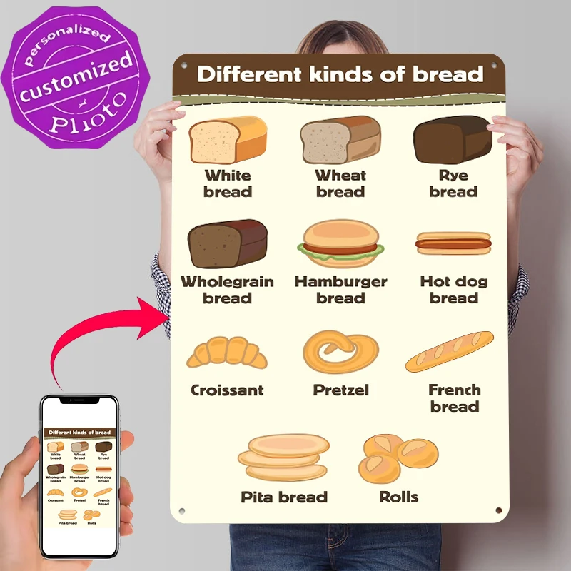 Different Kinds of Bread Printed Poster Customized Wall Art Retro Vintage Metal Tin Signs for Mancave Decoration Room Desk Decor