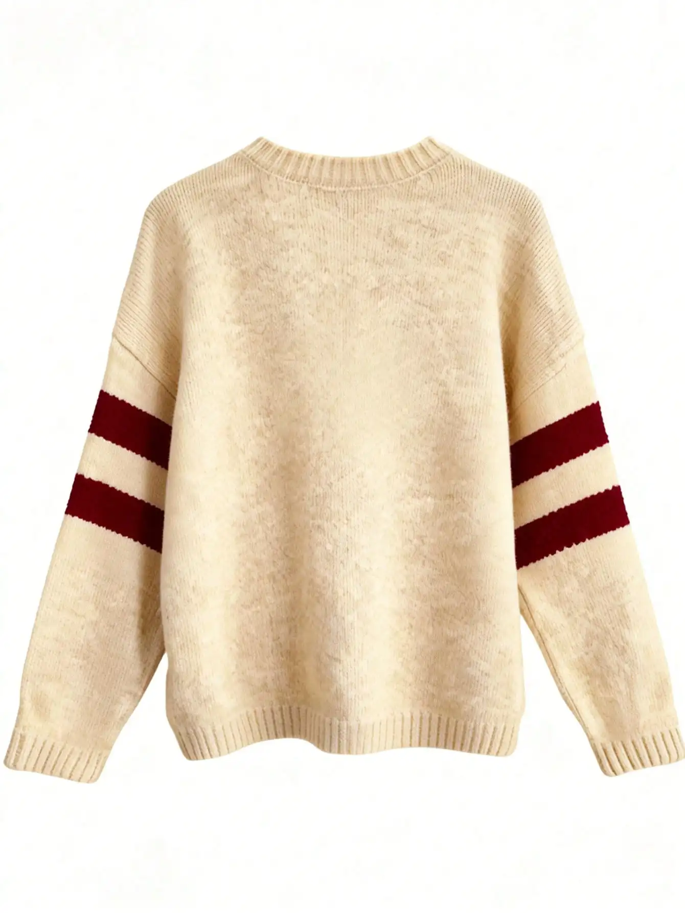 Y2K Indie Sleaze Grunge Aesthetic Graphic Star Crewneck Knitwear Retro Preppy Style Long Sleeve Soft Pullover Top Oatmeal Beige And Burgundy Red Intarsia Five-Pointed Star Motif Striped Sleeves Ribbed Trims Boxy Fit For Fall Street Style New Year Gift