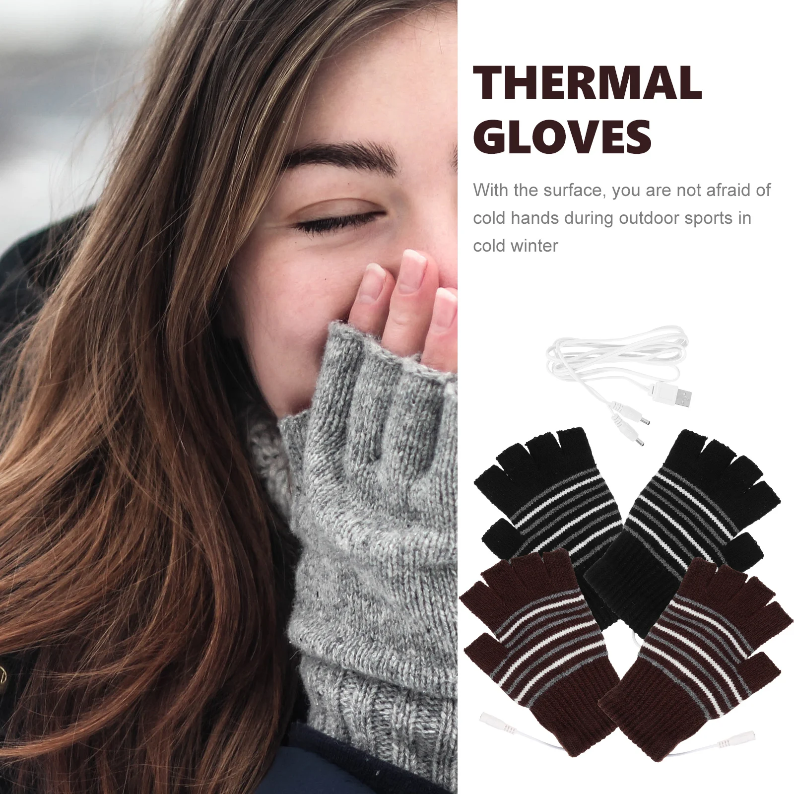

2 Pairs Thermal Heated Gloves Keep Warm Electric Ski Knitted Fabric Usb Heating
