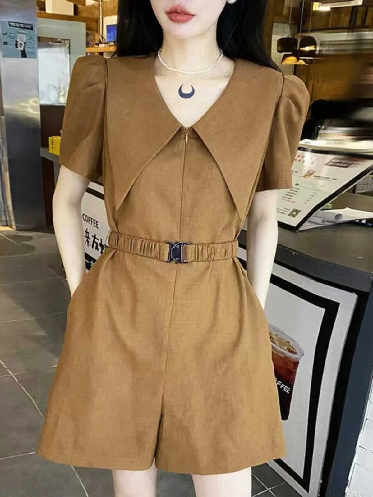 

Summer Thin Wide Leg Jumpsuit Women's Loose High Waist Cargo Pants ort Navy Collar Overall Pants Comfortable Lightweight