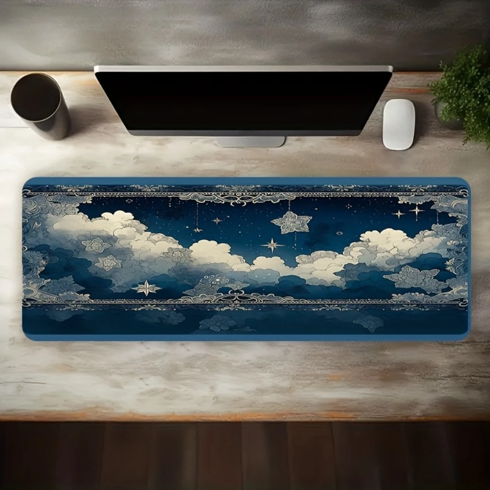 Bleu, nuages blancs, ciel étoilé, dentelle, style artistique rétro rêveur, semelle intérieure antidérapante, organiseurs de bureau et plateaux, tapis de souris