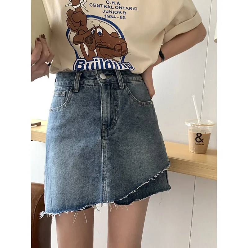 

Irregular Ragged Edge Denim Short Skirt Women's Summer High Waist A-line Wrapped Hip Half skirt