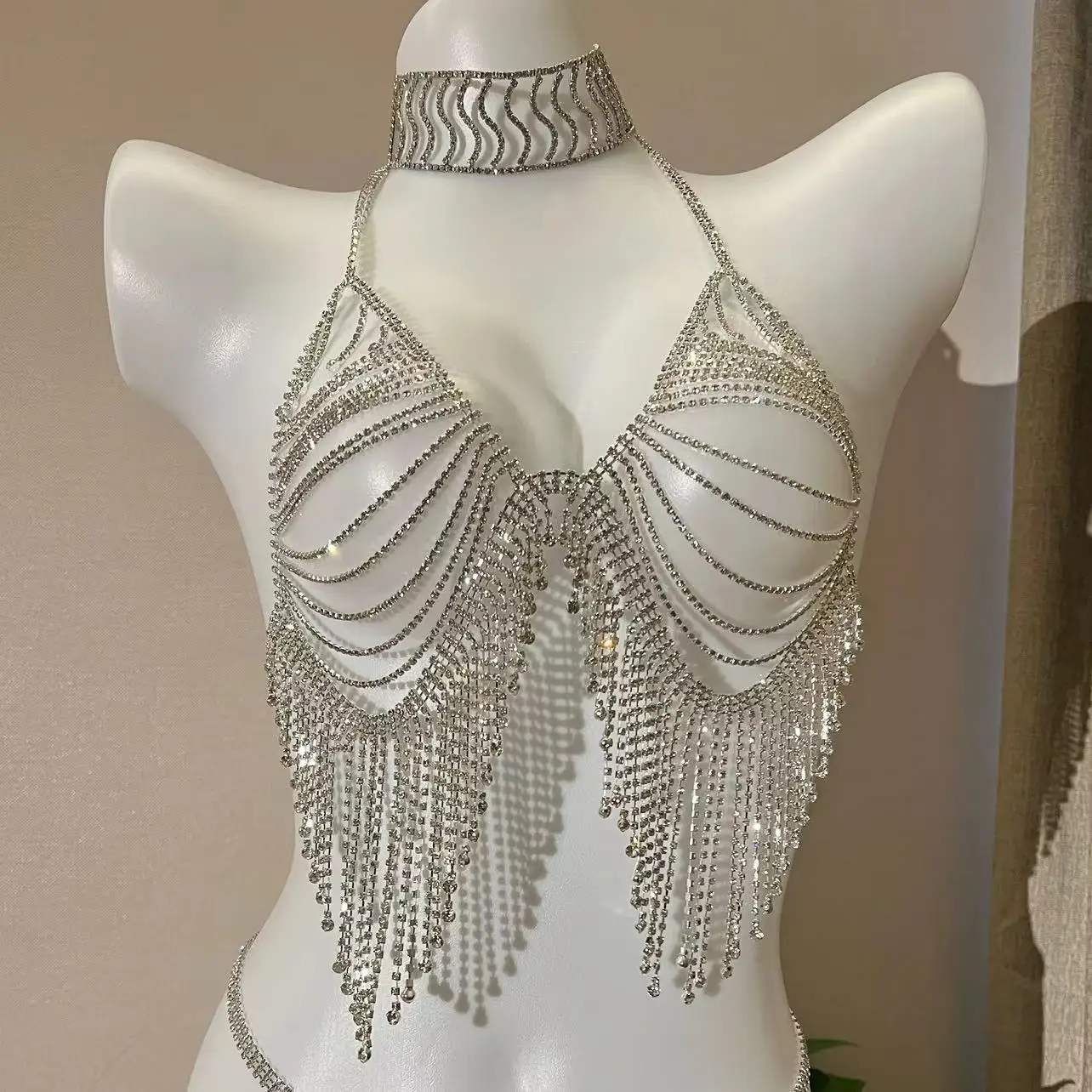 لامعة حجر الراين مثير مهدب بيكيني الصدرية مجموعة المرأة سلسلة الثدي سلسلة الزخرفية سلسلة الجسم