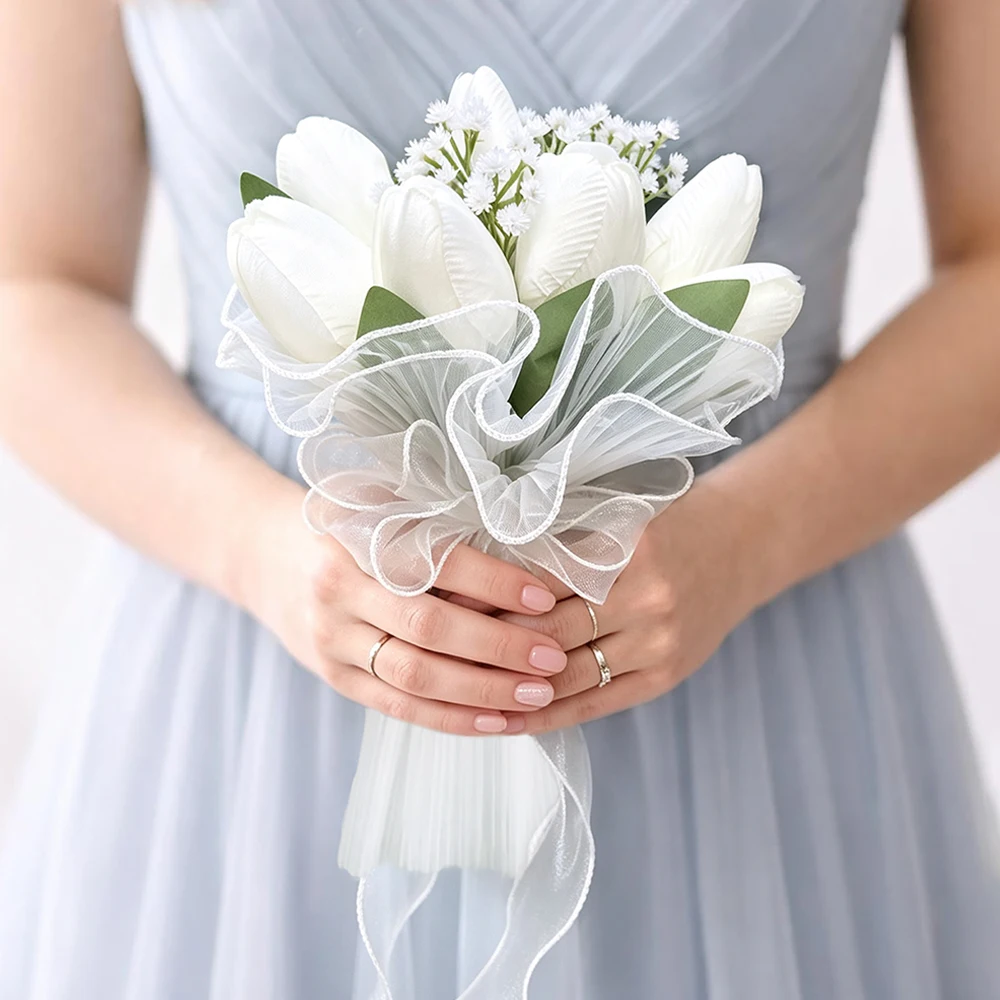 White Tulip Bridal Bouquet Bridesmaid Bouquet, Artificial Flower with Gypsophila and Organza Bow for Wedding Photography
