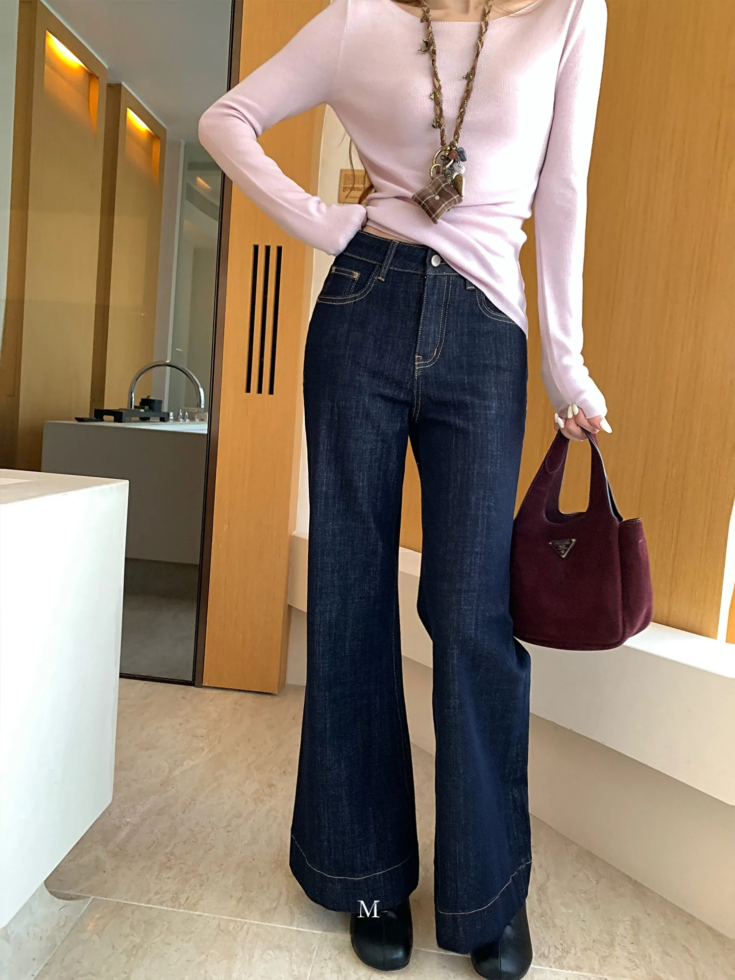 

Джинсы-клеш Ciminfan в стиле ретро, женские, темно-синие, повседневные, широкие, свободного кроя, удобные, хлопковые, с пуговицами на талии