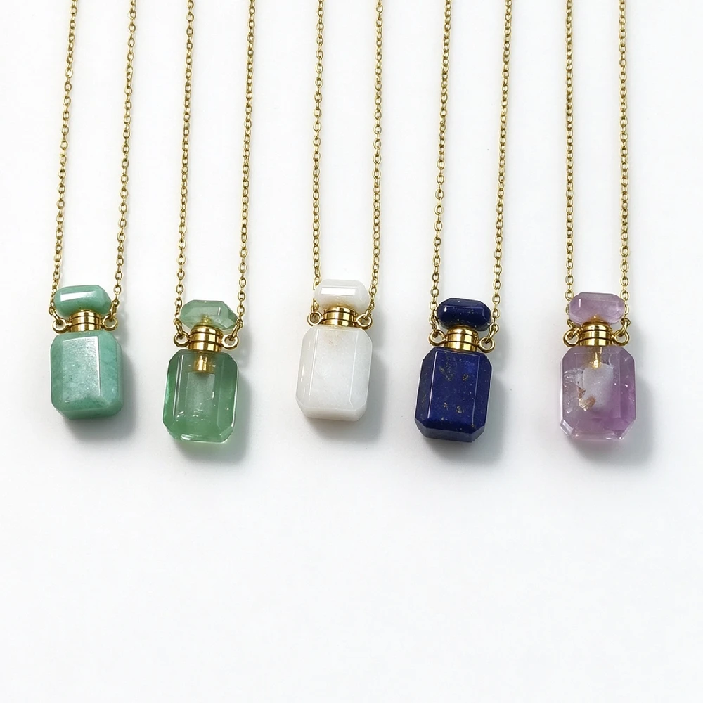 1PC Faceted Natural Rock Perfume Bottle Necklace, Square Essential Oil Bottle Pendant Necklace Golden Plated N2C1106