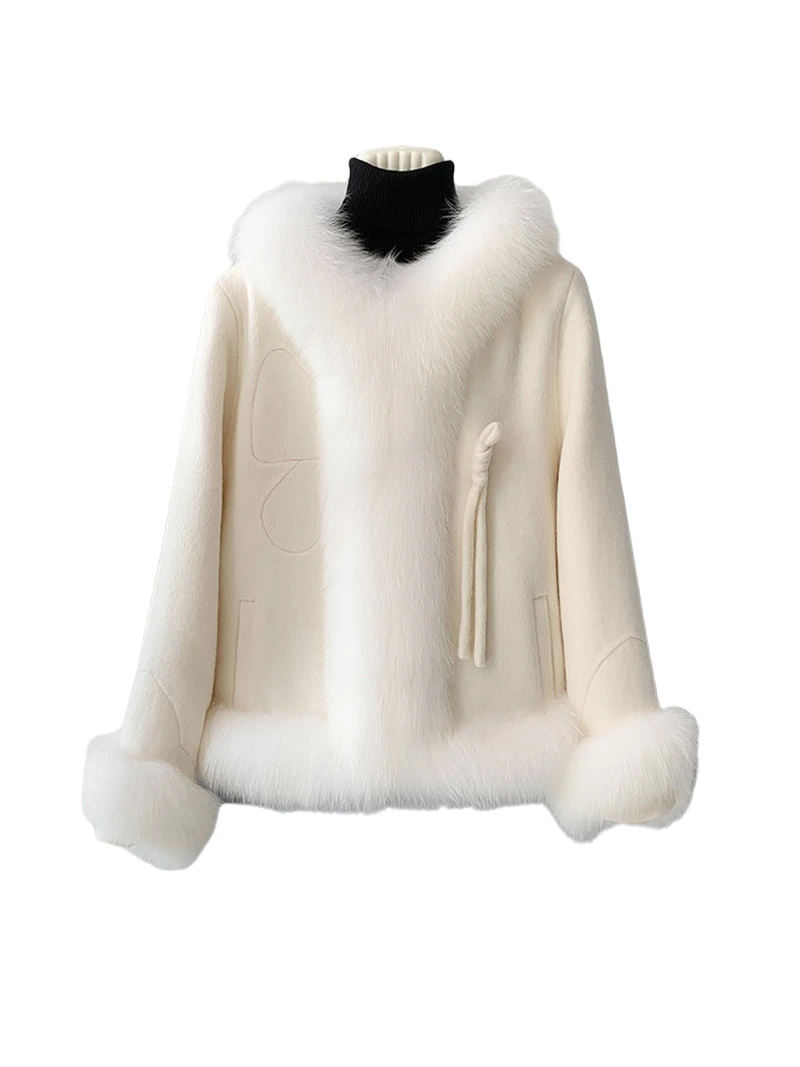 High-end fox fur collar double-sided cashmere woolen fur coat for women, short Korean-style goose down inner liner woolen overco