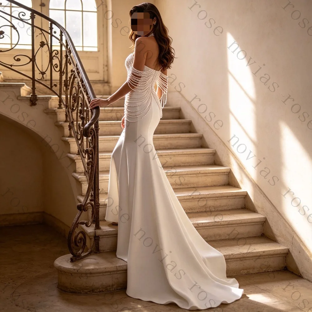 Customized Luxury Beaded Off Shoulder Summer Wedding Dresses for 2026 Sexy V-neck Backless Slim Fit Mermaid Satin Bridal Gown
