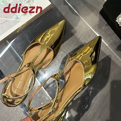 Golden Women Sandals Casual Outside Flats 2025 Footwear Summer Fashion Pointed Toe Buckle Strap Shoes For Slides Flats Footwear