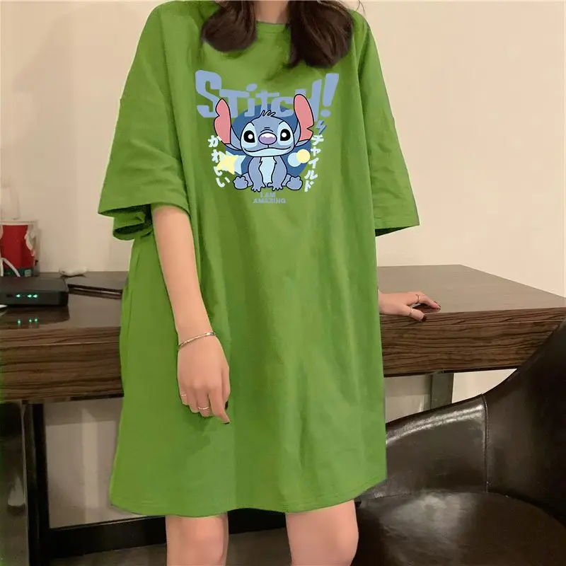 Kawaii Disney Stitch Nightdress for Women Cotton Cartoon New Short-Sleeved Loose and Versatile Dress That Can Be Worn Outside