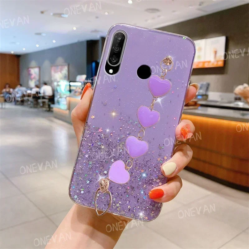 Luxury Glitter สายรัดข้อมือ Love Heart สร้อยข้อมือเคสโทรศัพท์สําหรับ Huawei P30 Lite P20 Mate 20X Y7 Y9 Y6P Y7P Y7A Y9A Y9S ฝาครอบกันชน