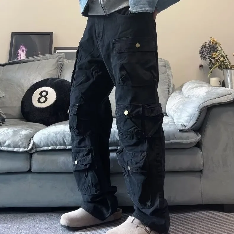 Multi-pocket cleanfit large pocket button straight loose American overalls men's trendy jeans