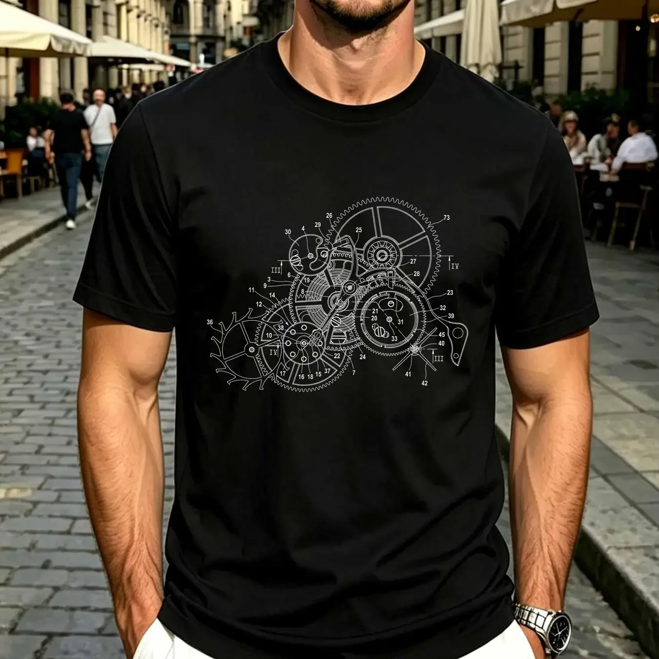 washed T Shirt Wooden Clockwork Technology Science Engineer Mechanic gear Clock Watch vintage Washed Breathable Casual homme