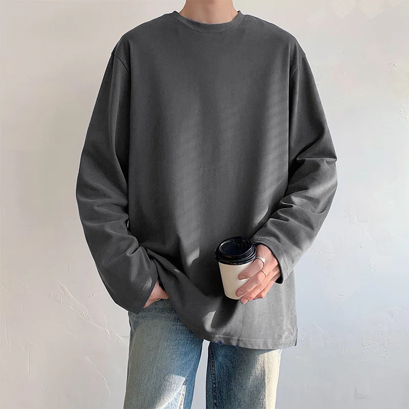 Spring Autumn Crew Neck Pullover Long Sleeve T-Shirt Men's Simple Style Solid Color Loose Tops Male Casual Teenagers Trend Tees
