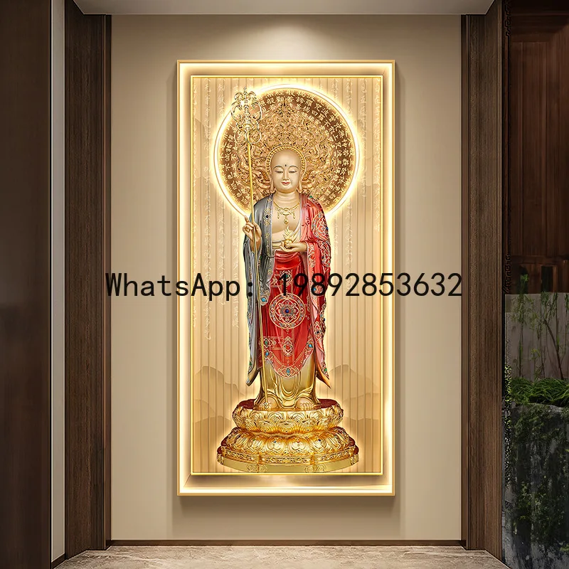 ZZ Bodhisattva Buddha statue portrait hanging painting with lights temple Buddhist hall home offering wall decoration mural