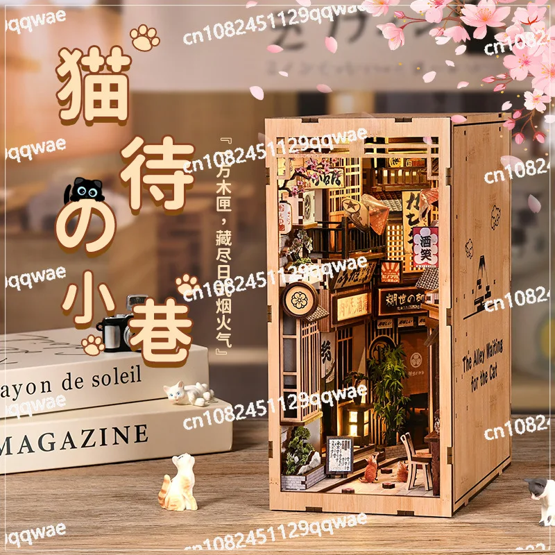 Alley hut model, creative 3d hand-assembled bookend wooden bookend DIY model 3D puzzle, lighting bookshelf, home decoration