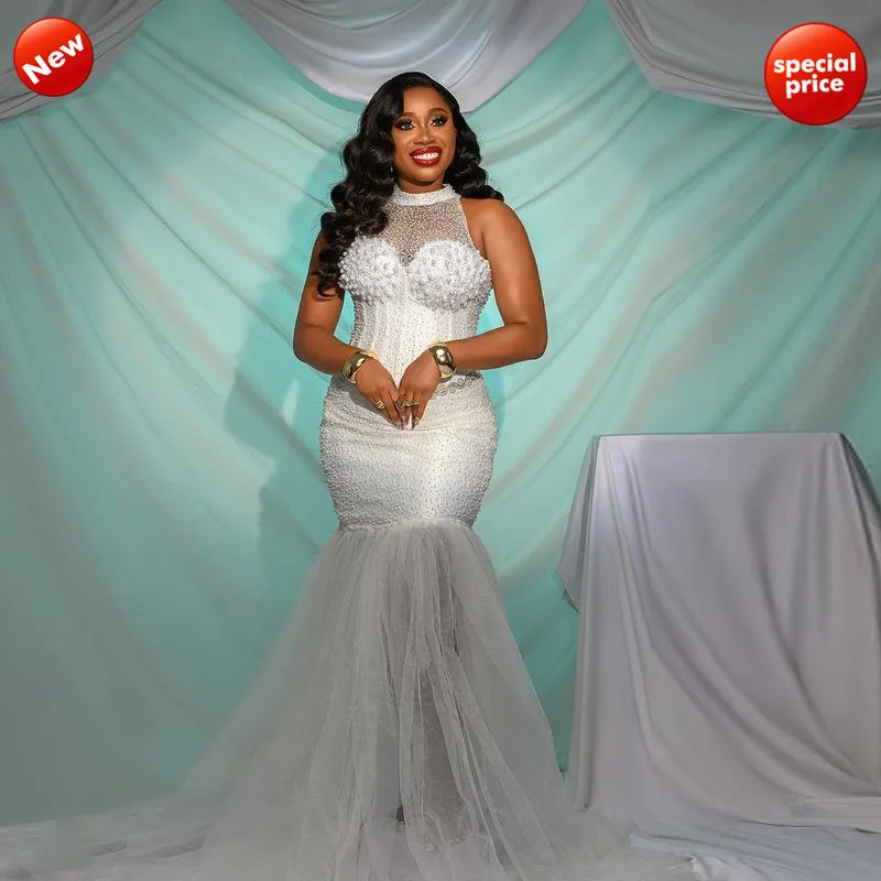 

2025 африканское женское вечернее платье для торжественных случаев, вечернее платье без рукавов с лямкой на шее и жемчугом, белые кружевные платья русалки для выпускного вечера
