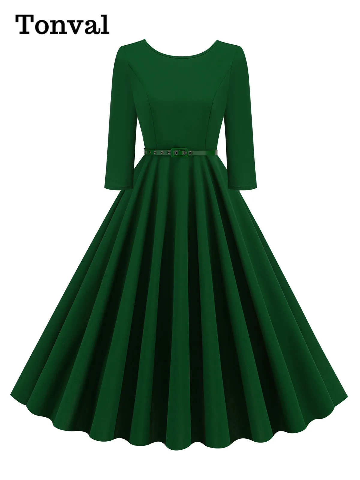 Tonval O-Neck Green Solid 1950s Style Plain Vintage Dress 3/4 Length Sleeve Autumn Winter Women Belted Swing Dresses