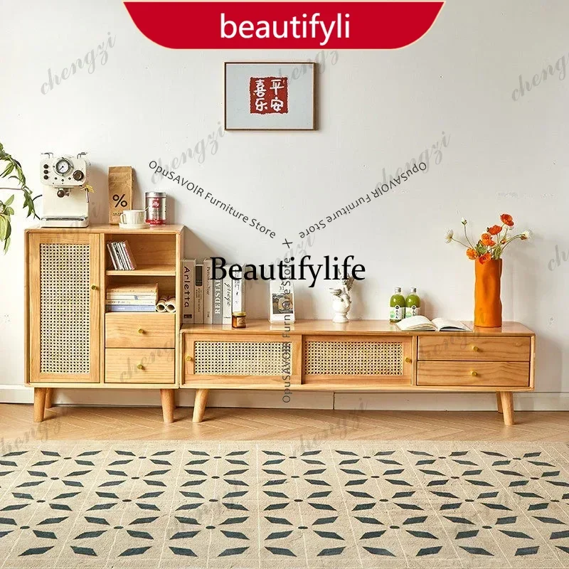 smt45 Solid Wood TV Stands Japanese Japandi Rattan TV Console Scandinavian Minimalist Media Cabinet Living Room Furniture JT40
