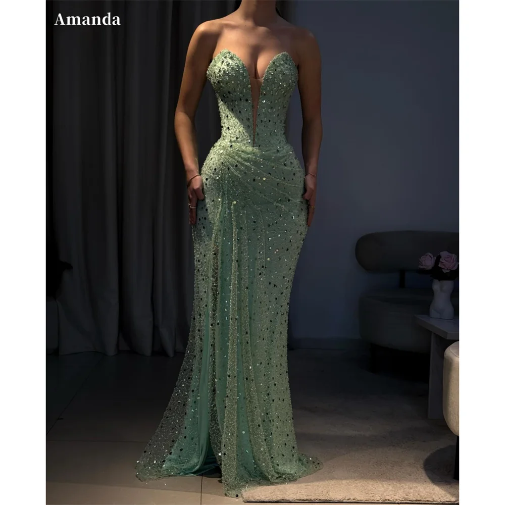

Amanda Customized Green Sweetheart Neck Sequined Prom Dresses Mermaid Sleeveless vestidos de noche Floor-Length Formal Evening