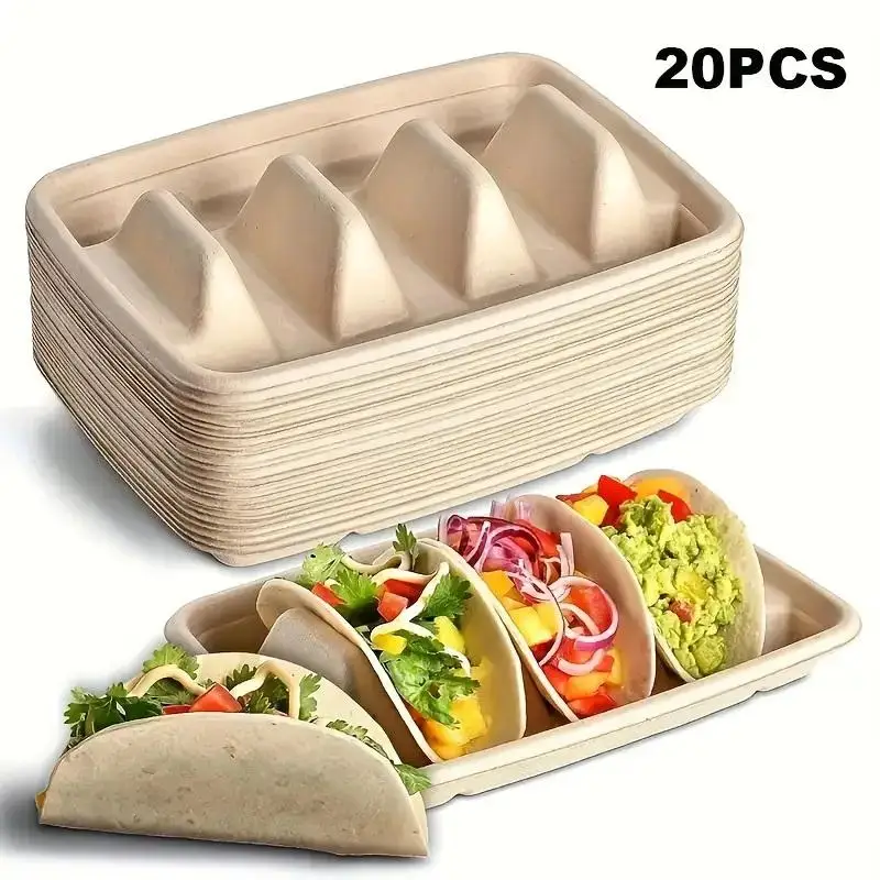 

20Pcs Disposable 3-Compartment Taco Plates - Stackable Taco Trays Holder, No Mess Dining Keep Tacos Upright Serving Plates