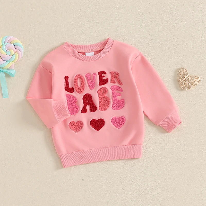 2024-10-23 Lioraitiin 6M-4Y Baby Girl Valentine Sweatshirts Long Sleeve Round Neck Heart Letter Embroidery Pullovers Warm Tops