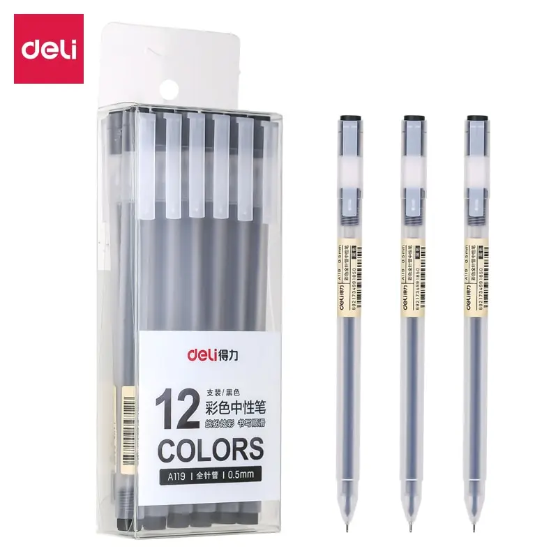 Deli-bolígrafo de tinta de Gel para oficina y escuela, suministros de papelería para escritura suave, de 0,5mm, negro, azul y rojo, 12 unids/lote por caja