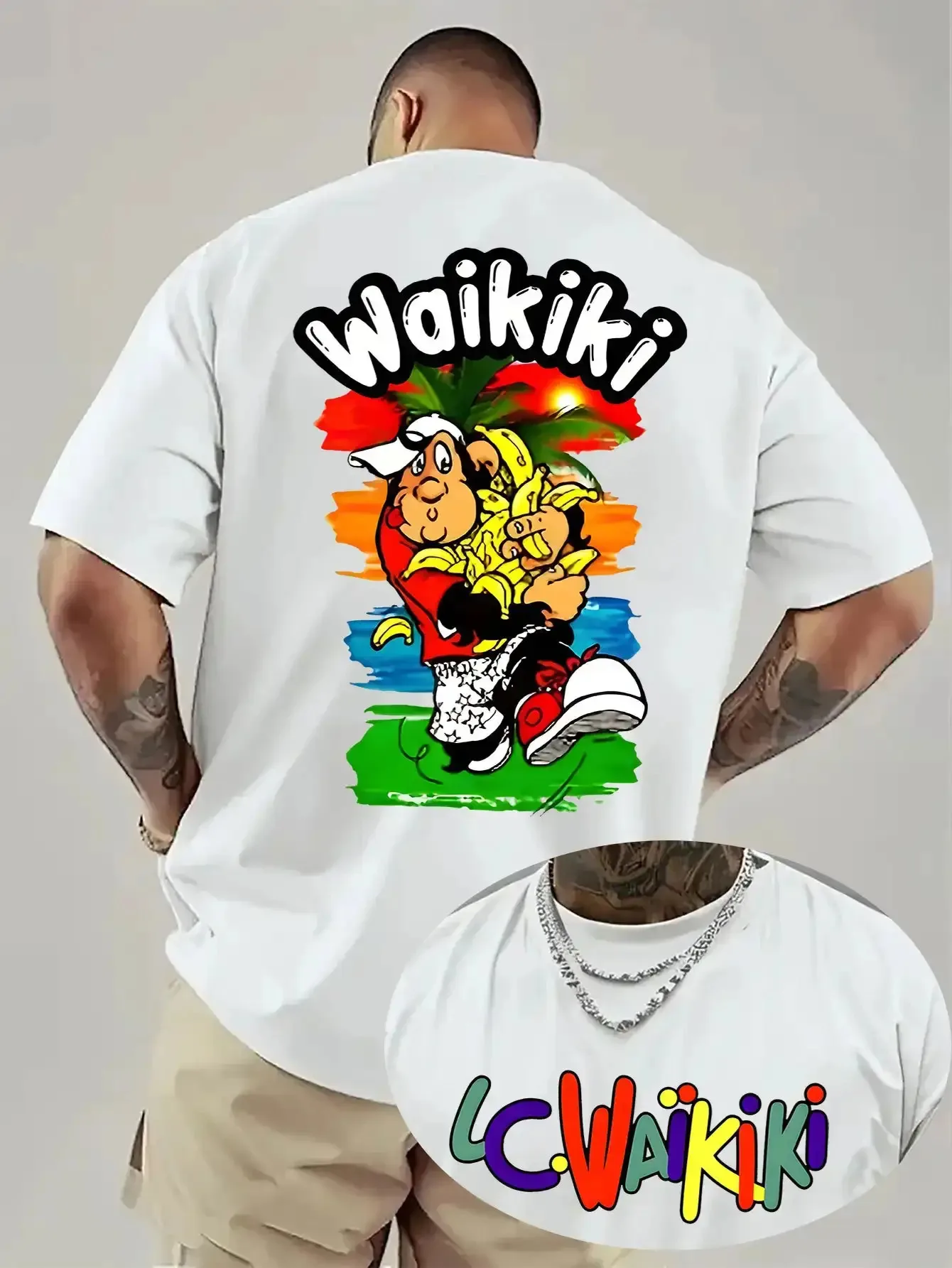 Men's Cotton T-shirt Waikiki Men's Hawaiian Surf Graphic T-Shirts Banana Gorilla & Palm Tree Print with Surfing Dog & Hawaiian