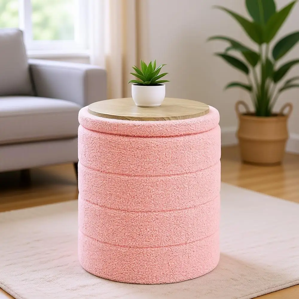 

Круглый розовый пуф-органайзер из шерпы, 14.6x14.6x17.7
