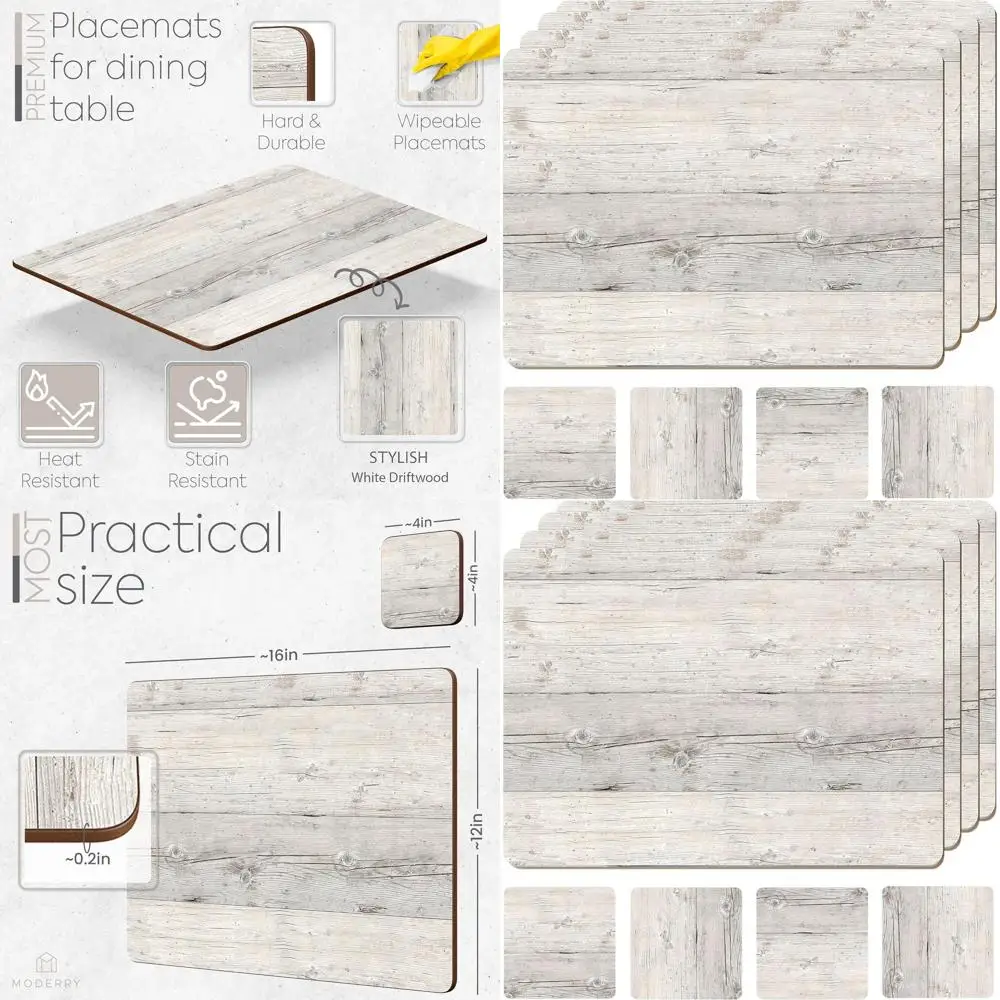 

Набор из 4 термостойких пробковых подставок для стола с подходящими подставками для напитков, 16x12 дюймов, белый принт под дерево