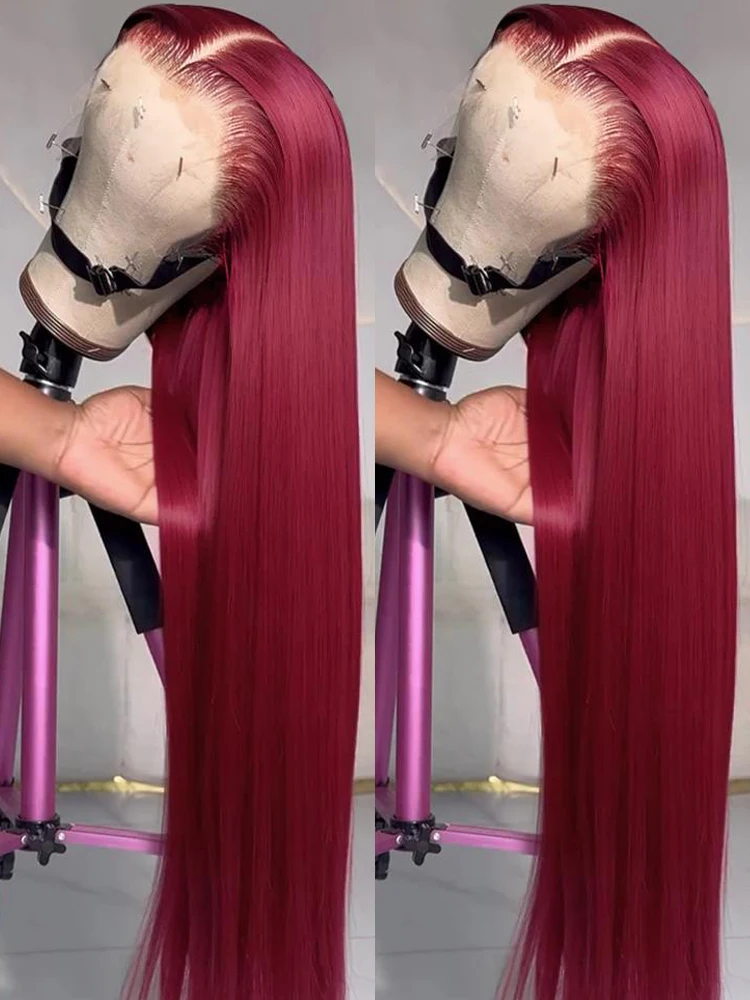 Burgundy Straight 13x6 HD Lace Frontal Human Hair Wig Pre Plucked 30 38 Inch 99J Red Lace Front Wigs Brazilian Transparent Colored Glueless Wigs Human Hair