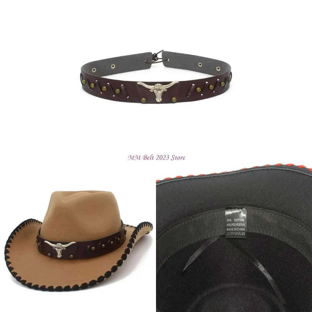 

49ME ковбойские кепки из искусственной кожи с ремнями для Хэллоуина, костюм для вечеринки, шляпа, модная шляпа для ролевых игр,
