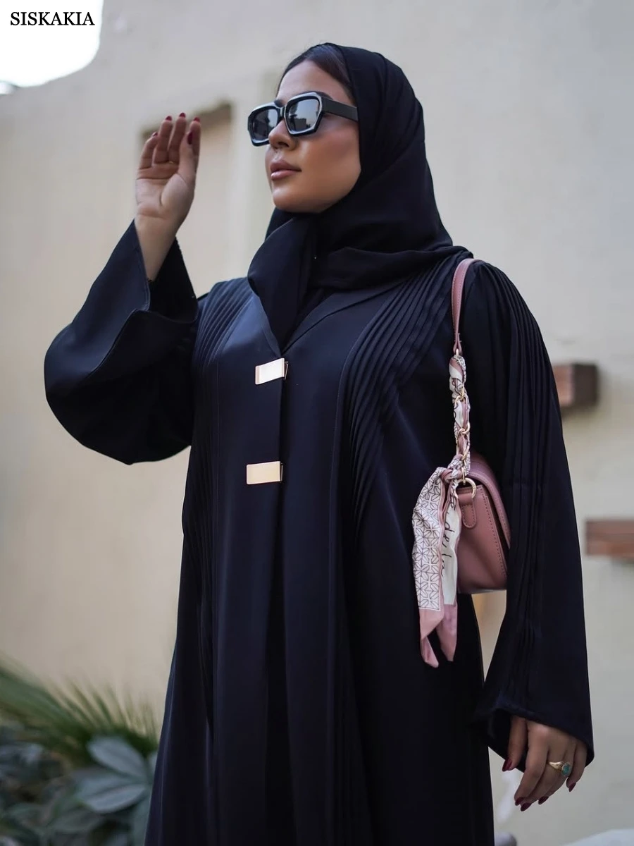Siskakia ใหม่ดูไบ Elegant หลวม Maxi Abaya มุสลิมสั้นผู้หญิง Kaftan จีบชุด