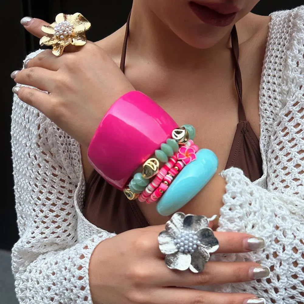 Drives Vintage Rose Pink Thick Resin Acrylic Bangles Geometric Irregular Wide Cuff Bangle Bracelet For Women Girl Summer Jewelry