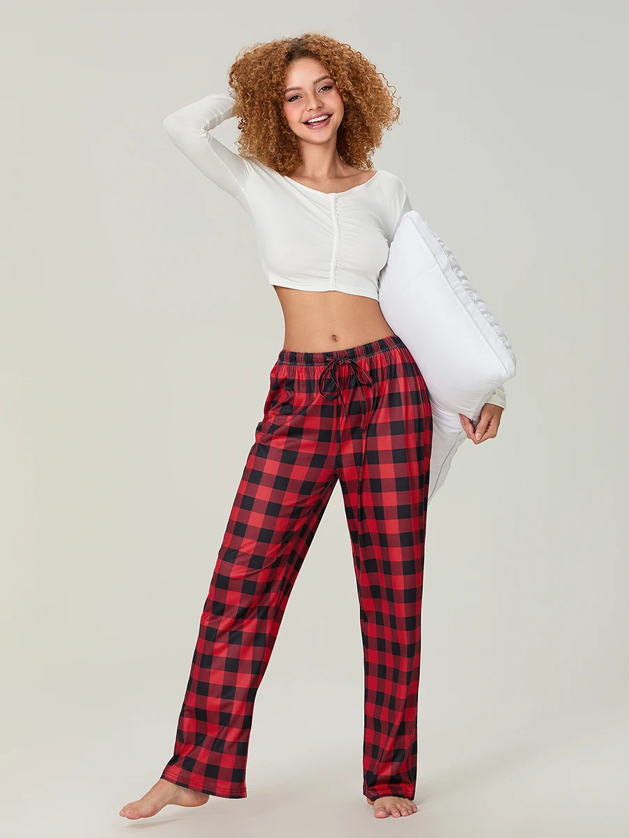 New Fashion Women Christmas Pajama Pants Classic Buffalo Plaid Print Elastic Waist Loose Sleep Pants Trousers Hot Sale S-2XL