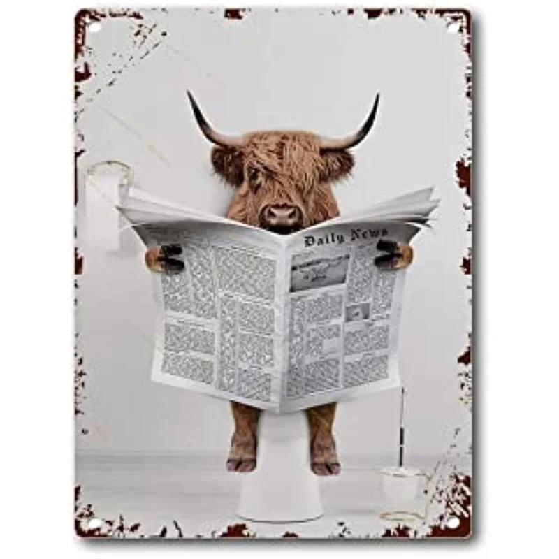 Tin Sign Scottish Highland Cow in Toilet Reading Newspaper Bathroom Humour, Funny Bathroom Toilet Whimsy Animal 1