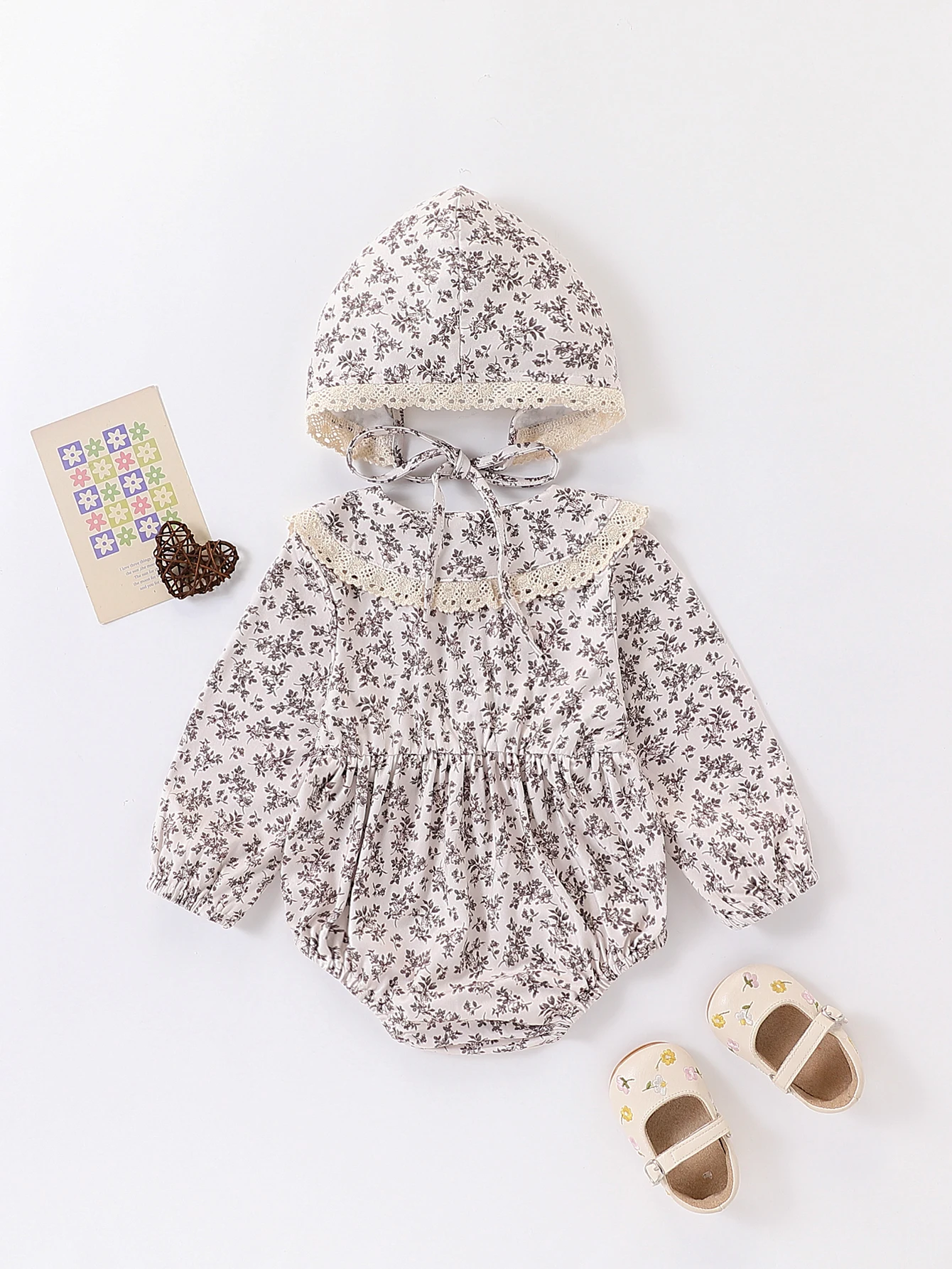 Baby Girl Doll Collar Jumpsuit Long-Sleeved Floral Briefs Romper with Hat