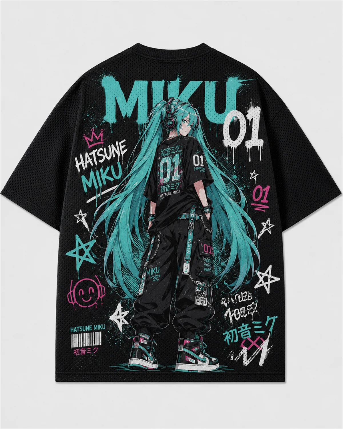 Youth Black Mesh Tee Vintage Graffiti Style Hatsune Miku Graphic Print Comfortable Short‑sleeve Shirt For Anime Fans Daily Outfi