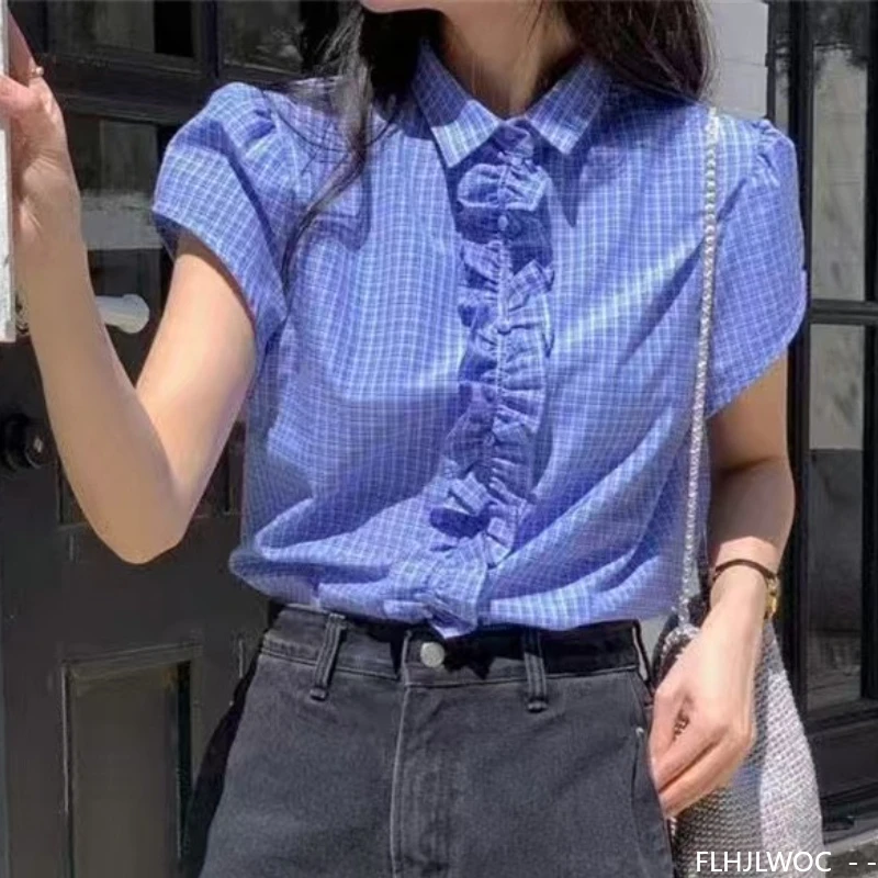 Chemises à carreaux mignon doux Style japonais filles Y2K Design offres spéciales femmes été décontracté rétro Vintage bleu volants Chic chemises