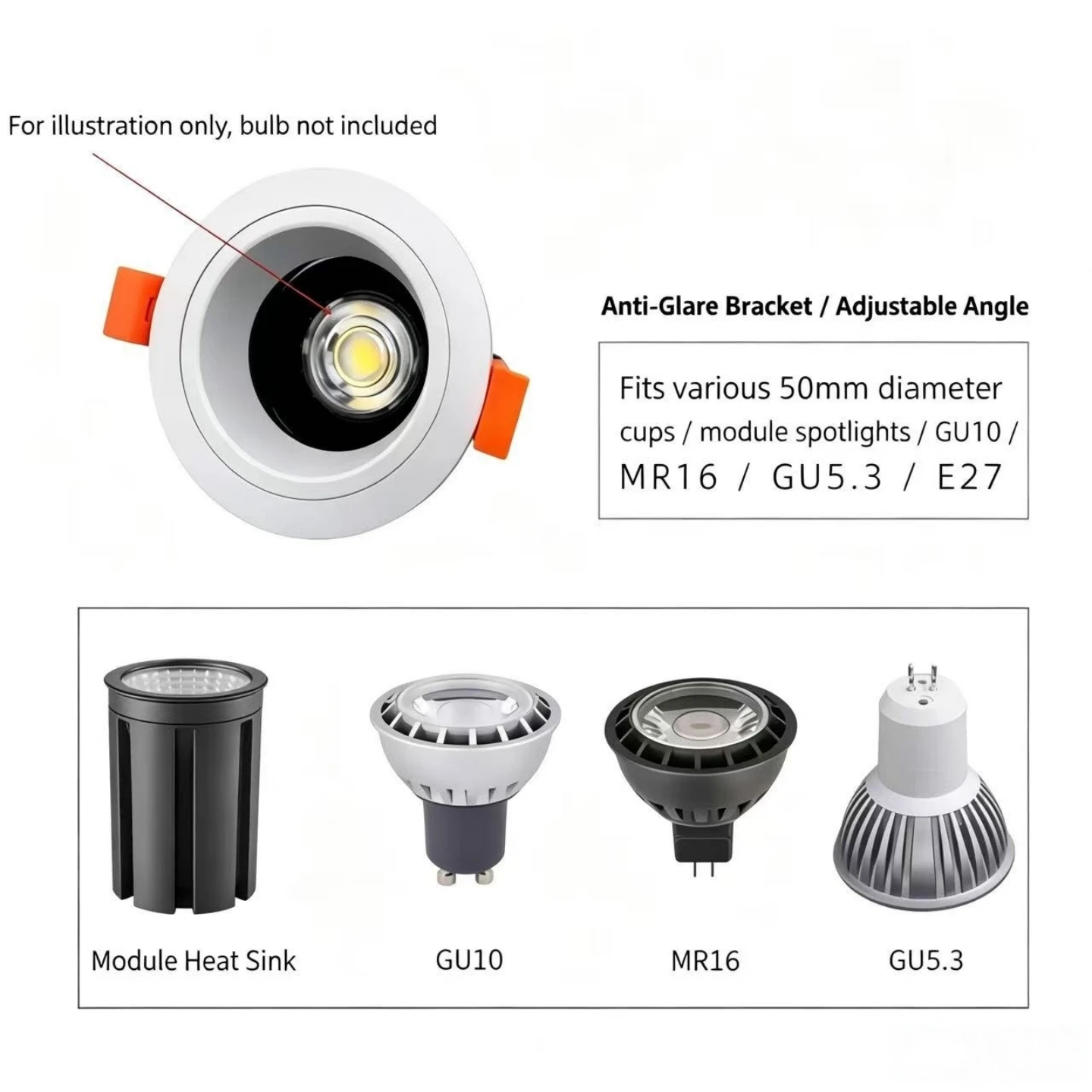 GU10 MR16 Spotlight Bracket, 75mm Cutout Recessed Anti-Glare Square Aluminum Adjustable Angle Downlight Housing