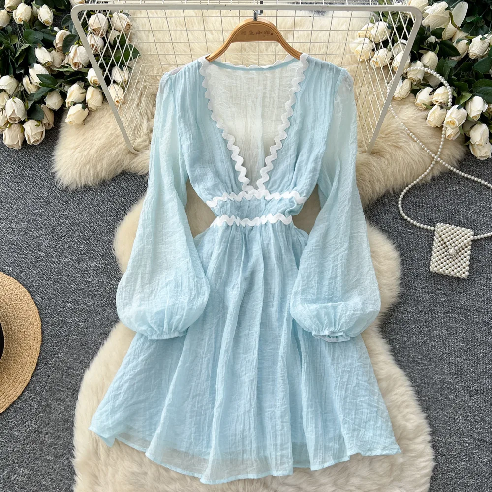 Vestido de mujer Vestidos de longitud media una línea Vestidos Y2k ropa de calle cuello en V profundo manga linterna elegante ajustado fiesta noche otoño