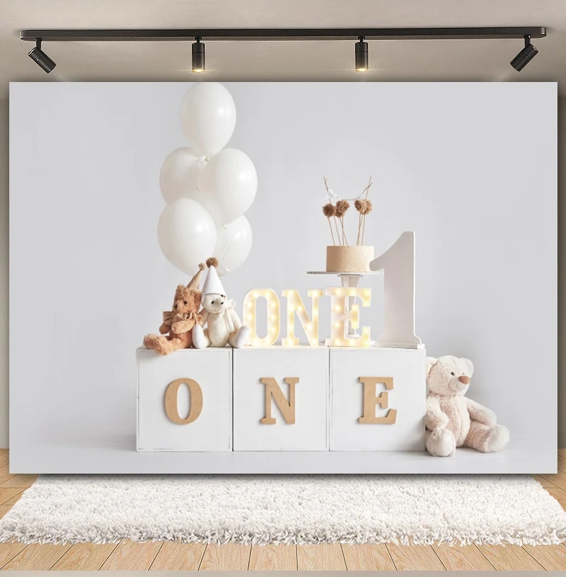 Newborn Baby 1st Birthday Photography Backdrop Balloons Tent Bear Cake Smash Kids Birthday Party Baby Portrait Background Props